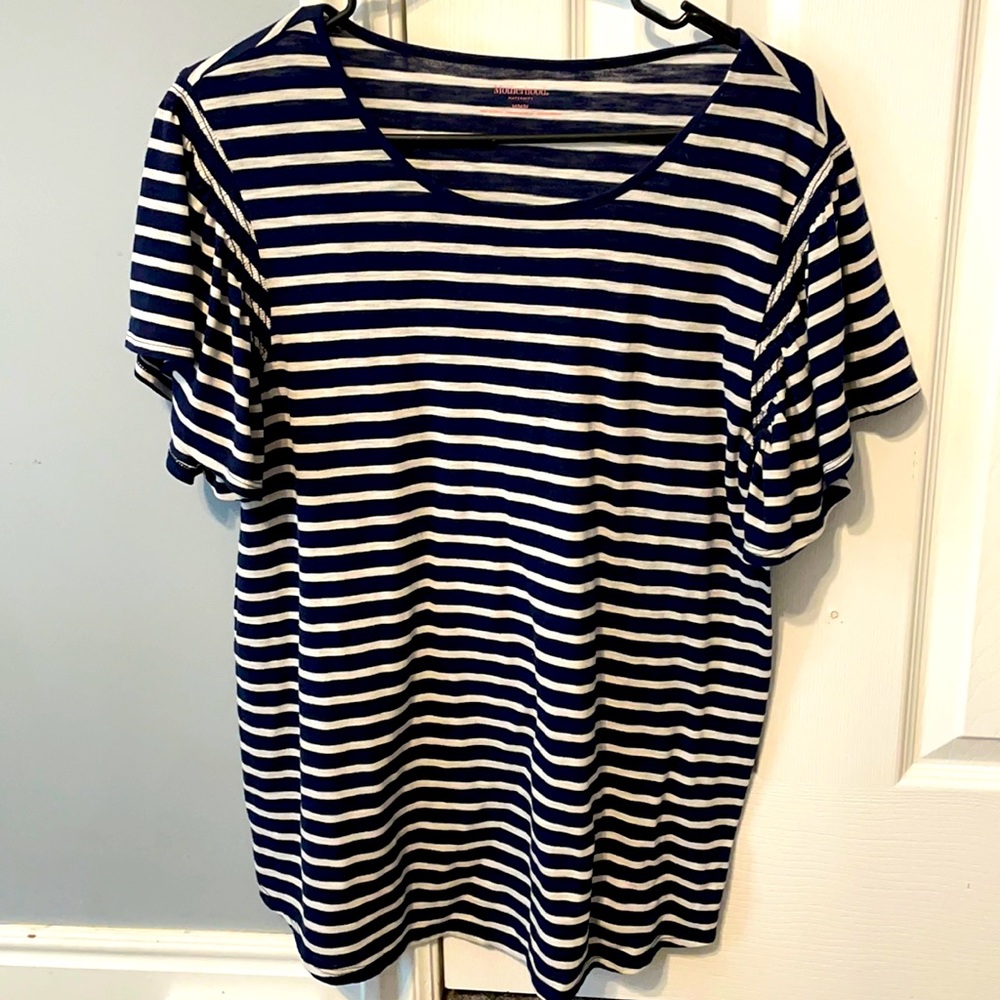 Navy and white striped Motherhood Maternity shirt